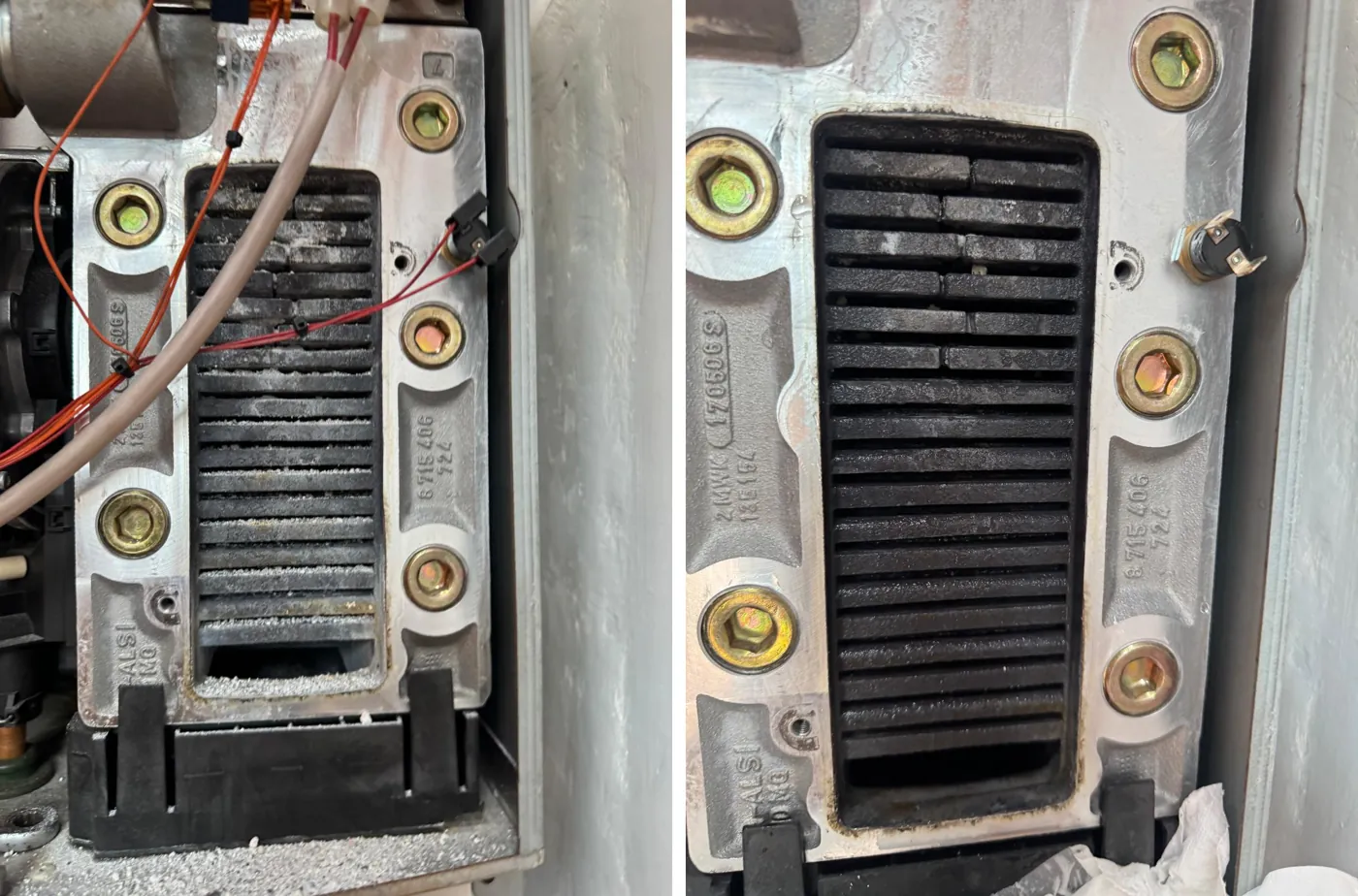 A Worcester boiler heat exchanger clogged with debris, and the same heat exchanger after cleaning